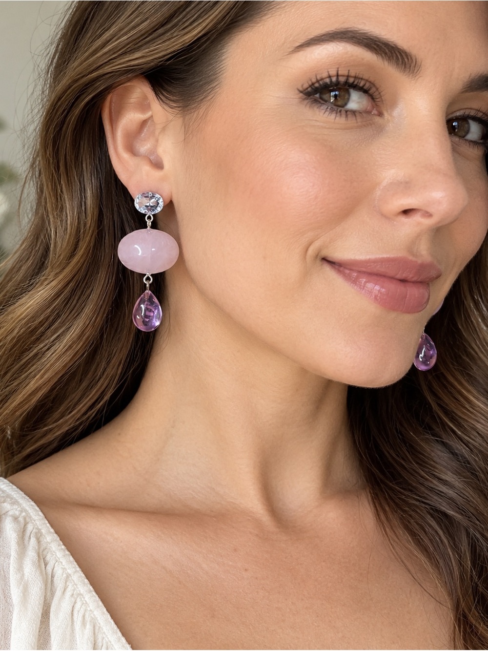 Pink Purple Beaded Drop Earrings Clear Crystal Stud Statement Dangle